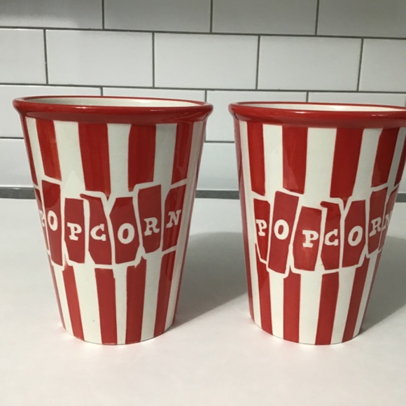 VTG Ceramic Popcorn Bucket Bowl Set Tub 6" Painted Red White Stripe - Picture 2 of 6